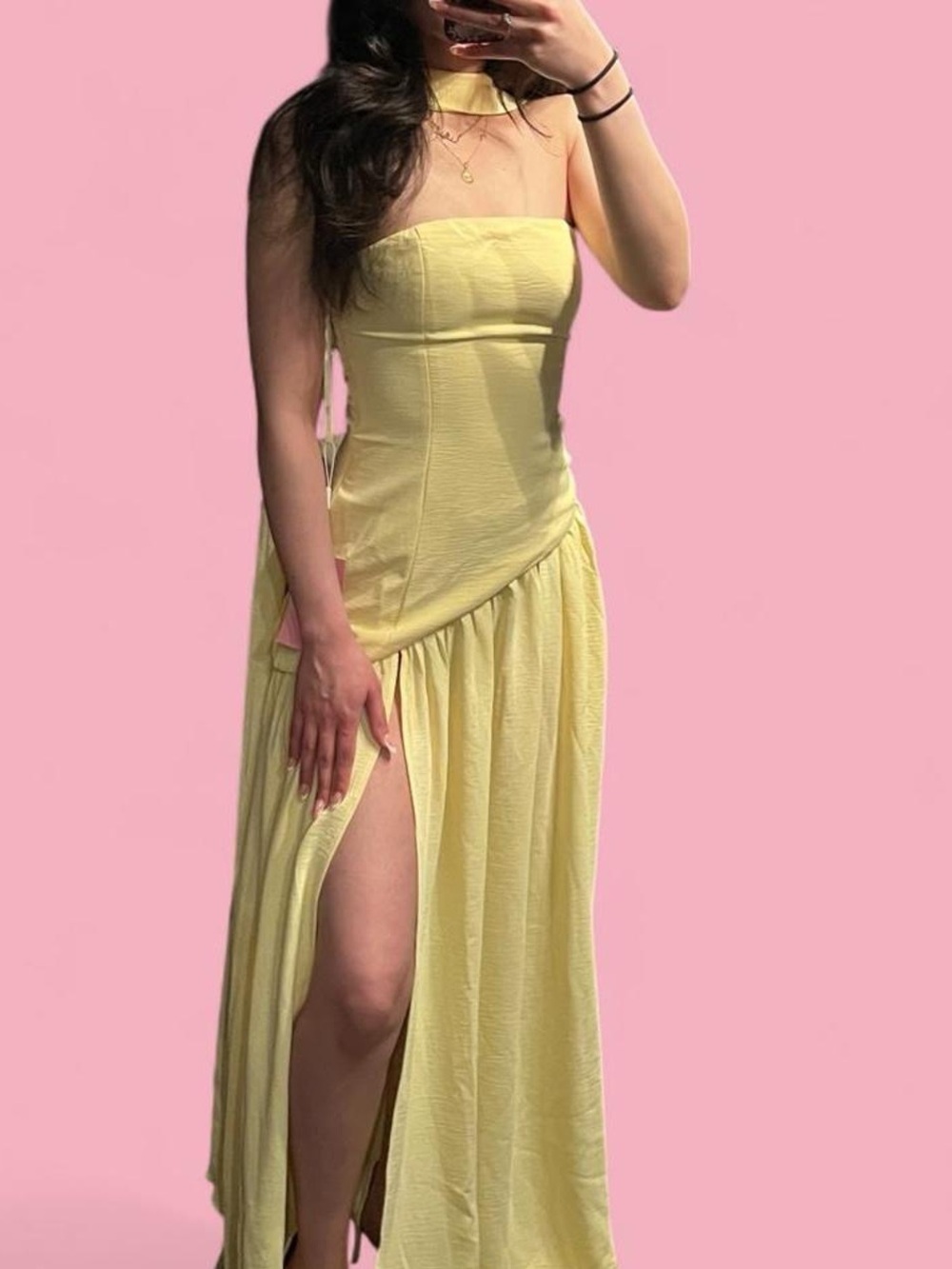 yellow strapless maxi dress with high side slit and dupatta neck scarf